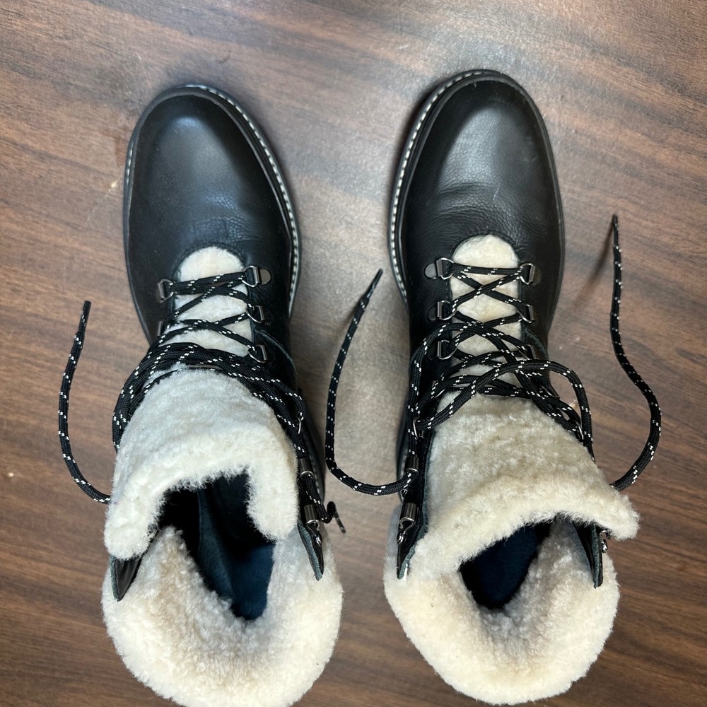 Bernardo Hiker Boots Women 9 1/2 Black Leather Shearling Lined Lug Sole Platform